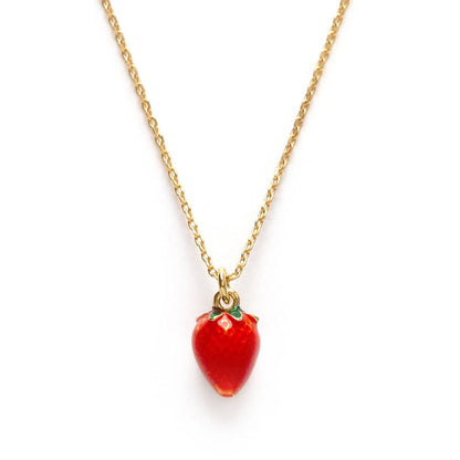 Necklace with a red strawberry pendant on a gold chain against a white background