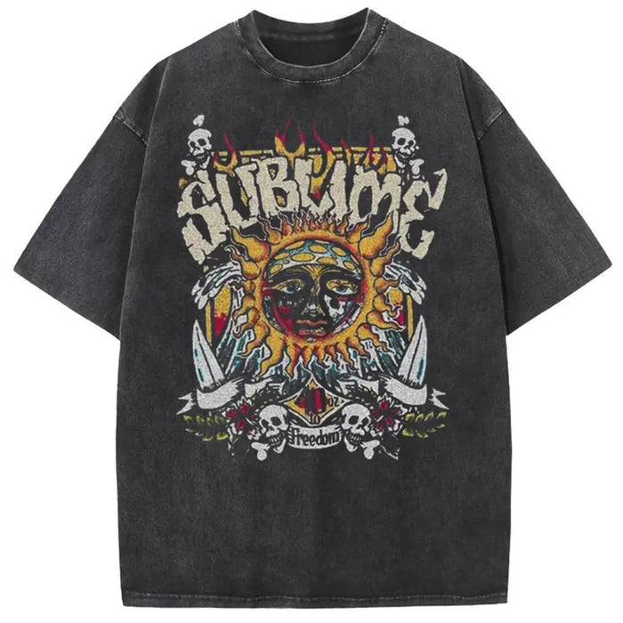 Sun Pattern Acid Washed T-Shirt – Oversized Unisex Vintage Graphic Tee -Teezioo