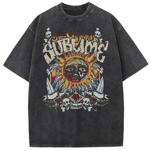 Sun Pattern Acid Washed T-Shirt – Oversized Unisex Vintage Graphic Tee -Teezioo