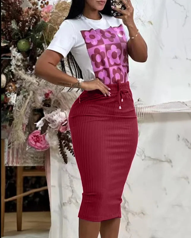 Claret T-shirt printed top midi skirt a-line broadcloth FTF Market UK
