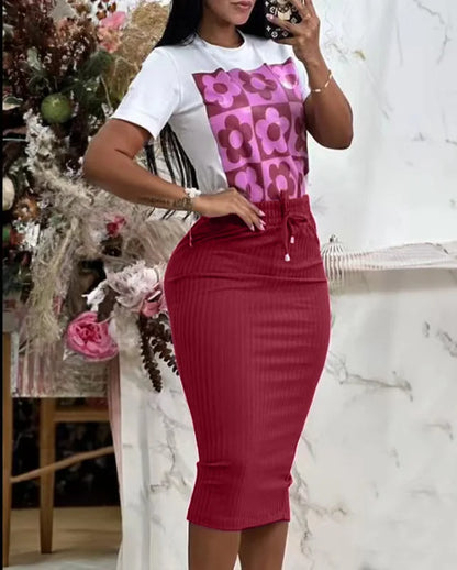 Claret T-shirt printed top midi skirt a-line broadcloth FTF Market UK