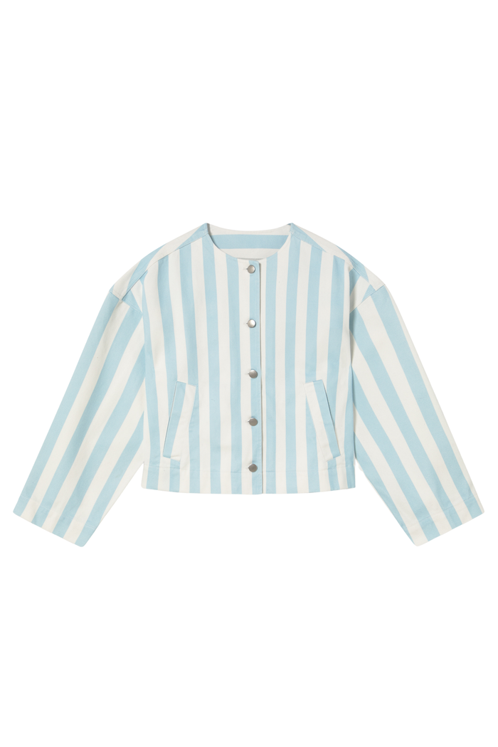 Tiny Big Sister striped cropped jacket in soft cotton. A fresh, lightweight layer perfect for spring and summer. Shop at Dotique.