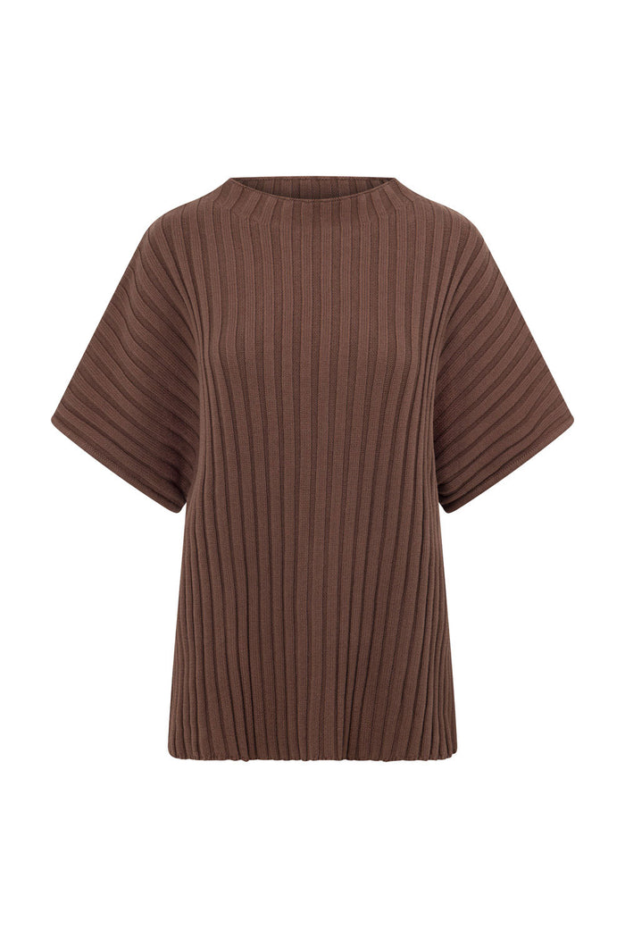Chocolate Brown Ribbed Knit Short Sleeve Celine Top