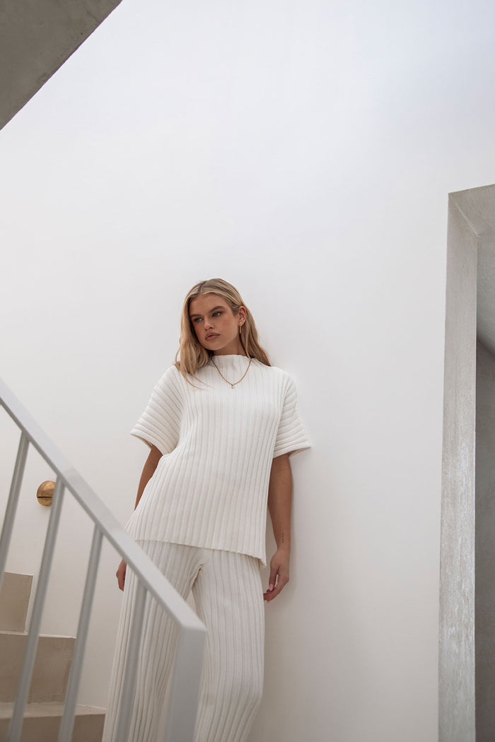 Celine Ribbed Knit Top - White
