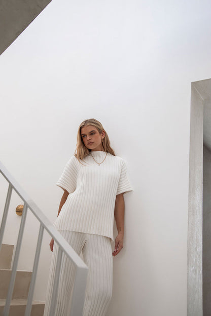 Celine Ribbed Knit Top - White