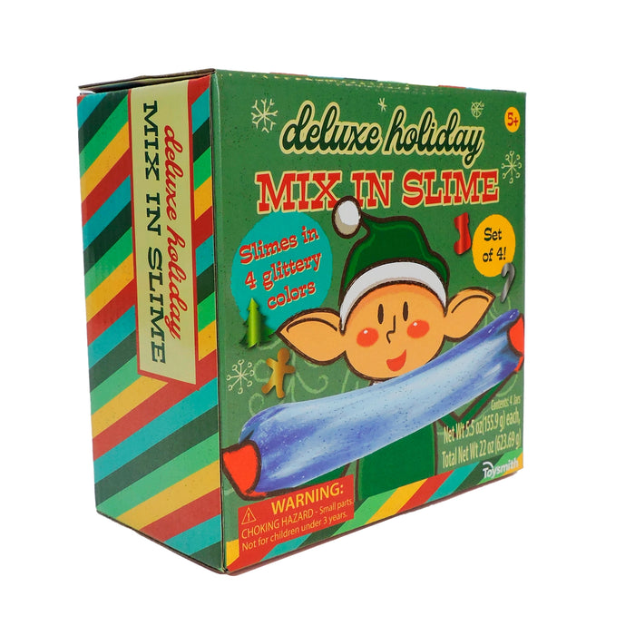 The Toysmith Deluxe Holiday Mix-In Slime box features a cartoon elf with blue slime, four glittery colors, festive stripes, and snowflakes—making it a perfect Christmas slime gift from Toysmith.