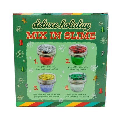 The Toysmith Deluxe Holiday Mix-In Slime includes four jars: red with candy cane and stocking confetti, clear with blue and gold gingerbread men, and clear with green Christmas tree confetti for festive sensory play.