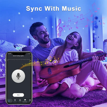 a man and woman playing music on a bed