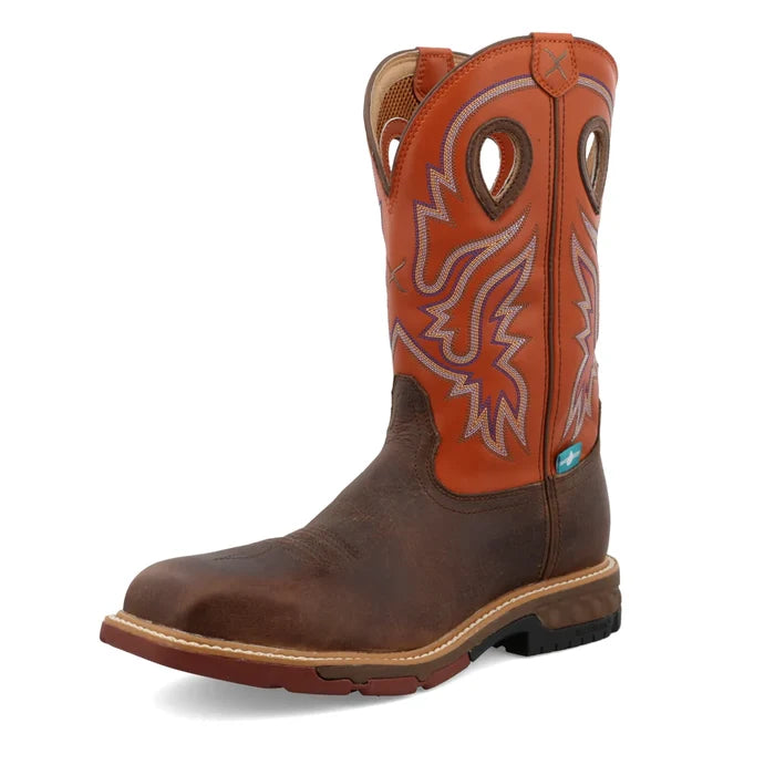 Twisted X Men's 12" Western Nano Toe Work Boot in Brown & Orange
