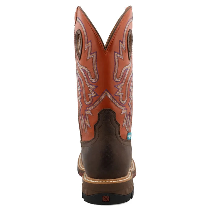 Twisted X Men's 12" Western Nano Toe Work Boot in Brown & Orange