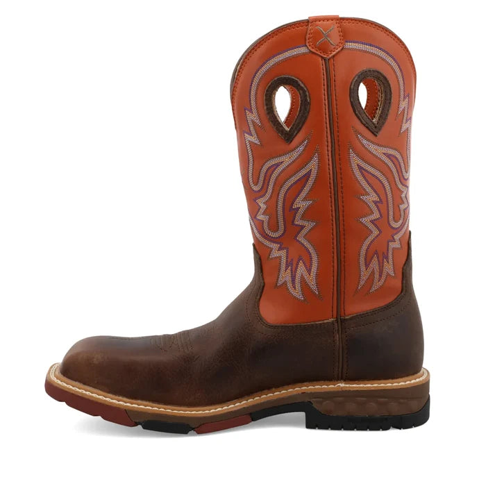 Twisted X Men's 12" Western Nano Toe Work Boot in Brown & Orange