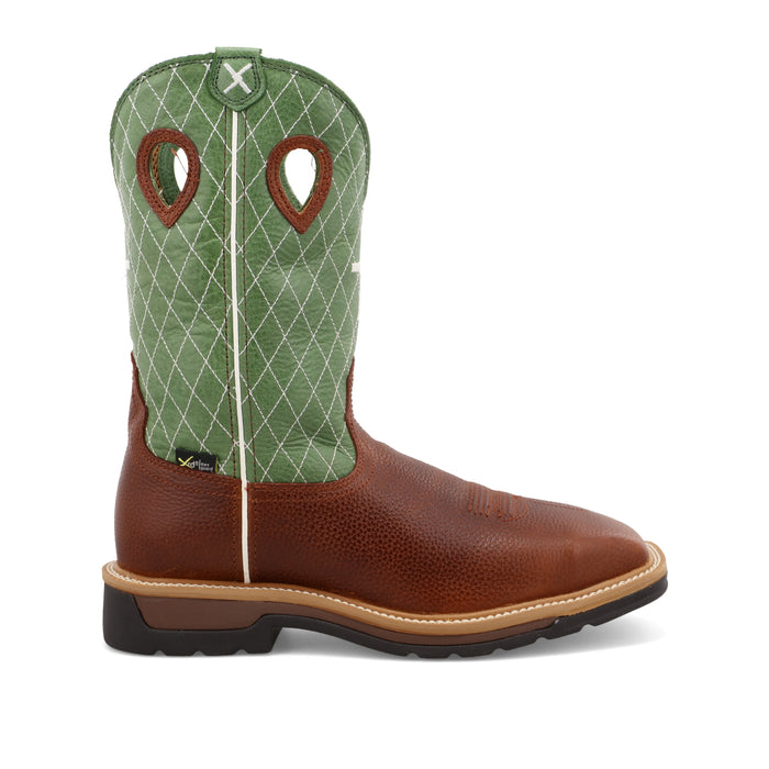 Twisted X Men's 12" Western Work Boot in Cognac Glazed Pebble and Lime