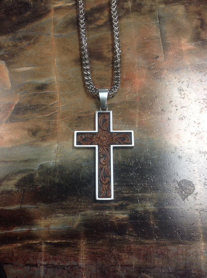 Twister Men's Tooled Leather Inlay Cross Necklace
