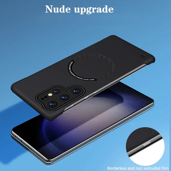 The back of a black phone with a circular button on it