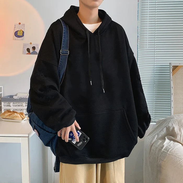 Black unisex solid color pocket hoodie polyester casual sports kangaroo pocket FTF Market UK
