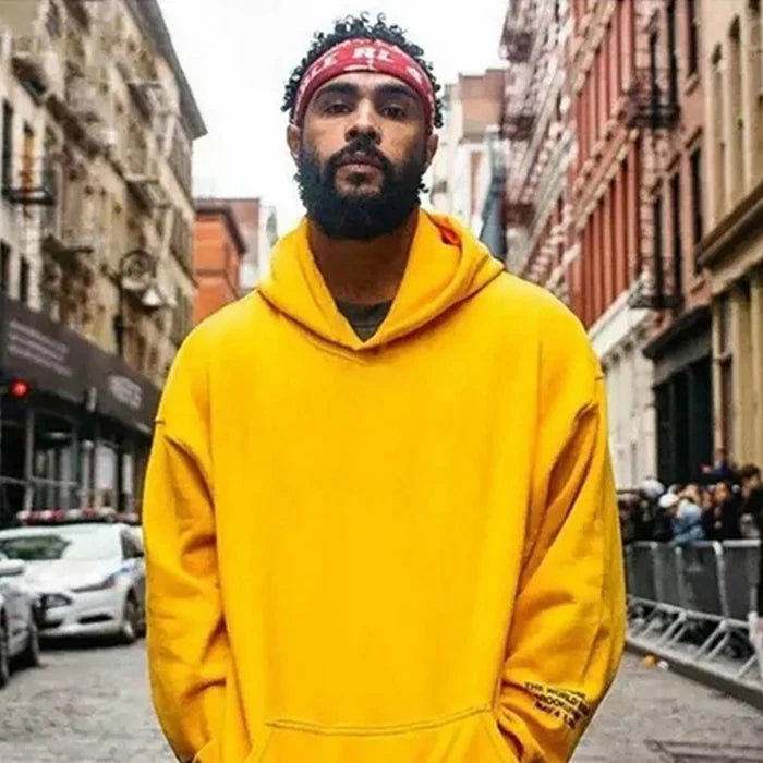 Yellow unisex solid color pocket hoodie polyester casual sports kangaroo pocket FTF Market UK