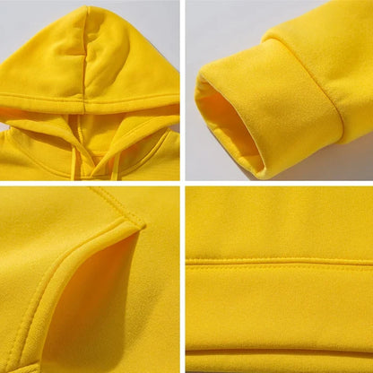 Yellow unisex solid color pocket hoodie polyester casual sports kangaroo pocket FTF Market UK