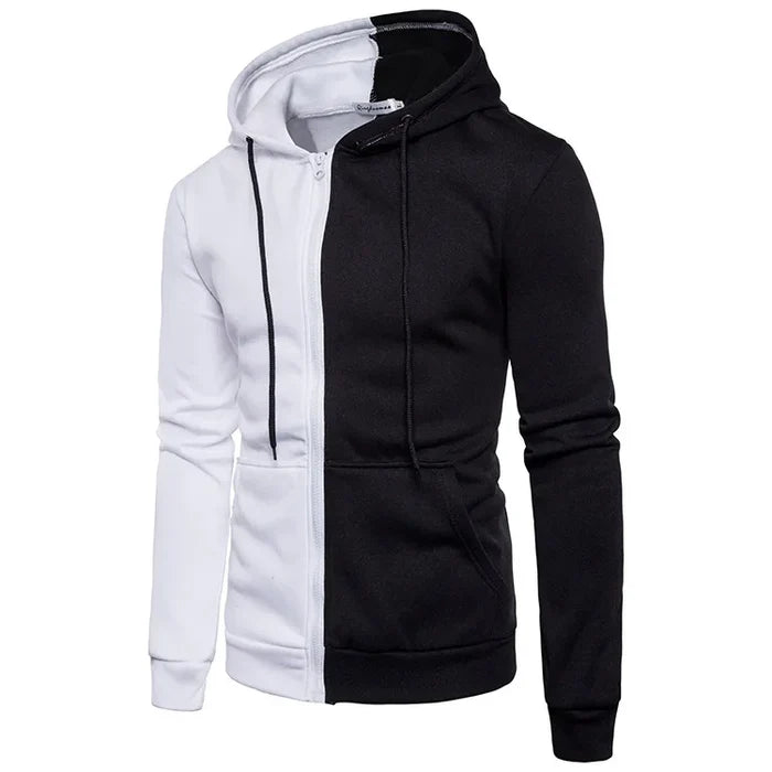 Two-tone black and white unisex solid color pocket hoodie polyester casual sports kangaroo pocket FTF Market UK