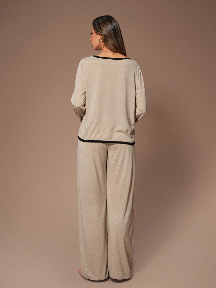 V-NECK LONG SLEEVE CONTRAST TRIM PAJAMA SET