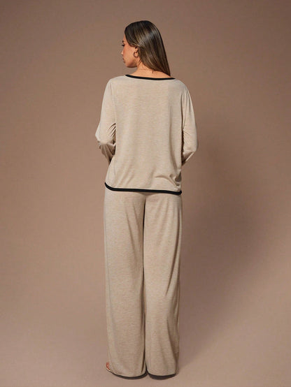V-NECK LONG SLEEVE CONTRAST TRIM PAJAMA SET