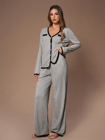 V-NECK LONG SLEEVE CONTRAST TRIM PAJAMA SET