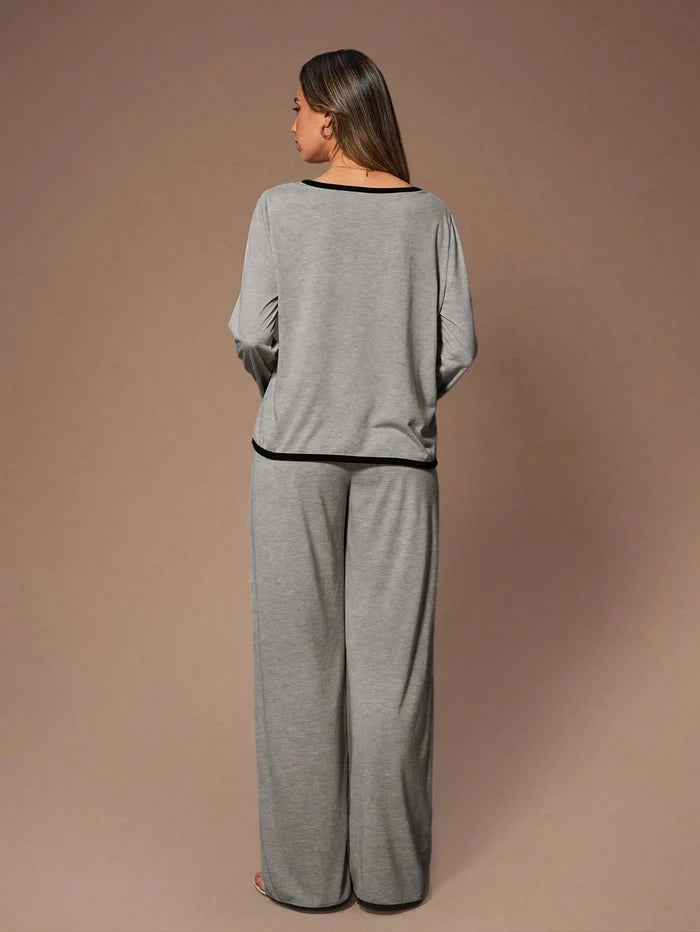 V-NECK LONG SLEEVE CONTRAST TRIM PAJAMA SET