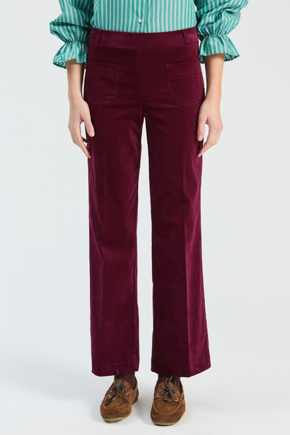 Shop the Vilagallo Burgundy Velvet Trousers at Dotique. Luxurious soft velvet trousers in a rich burgundy shade, perfect for occasionwear and elegant everyday styling.
