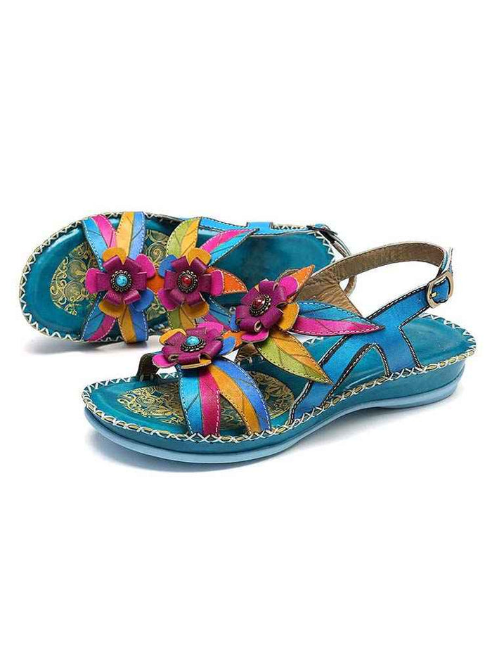 Vintage Embossing Flowers Leather Stitching Sandals