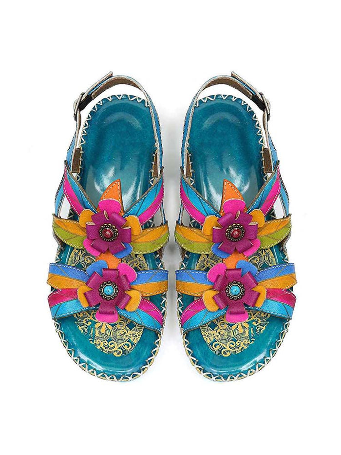 Vintage Embossing Flowers Leather Stitching Sandals