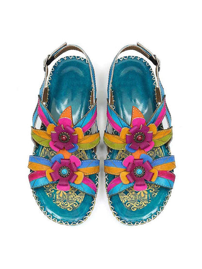 Vintage Embossing Flowers Leather Stitching Sandals