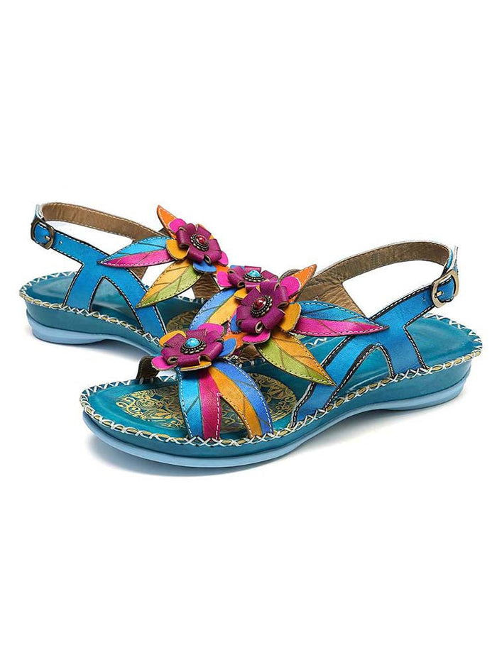 Vintage Embossing Flowers Leather Stitching Sandals