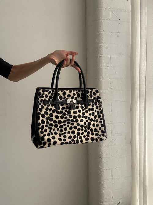 Vintage Y2K Black & White Leopard Print Ponyskin Structured Handbag