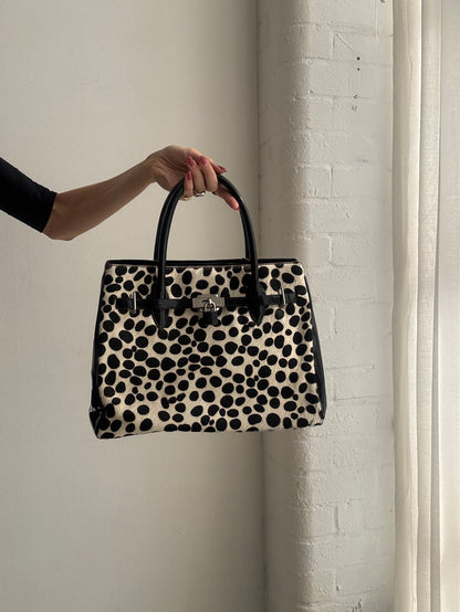 Vintage Y2K Black & White Leopard Print Ponyskin Structured Handbag
