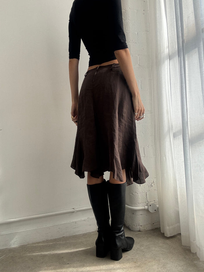 Vintage Y2K Chocolate Brown Asymmetric Midi Skirt - Size M
