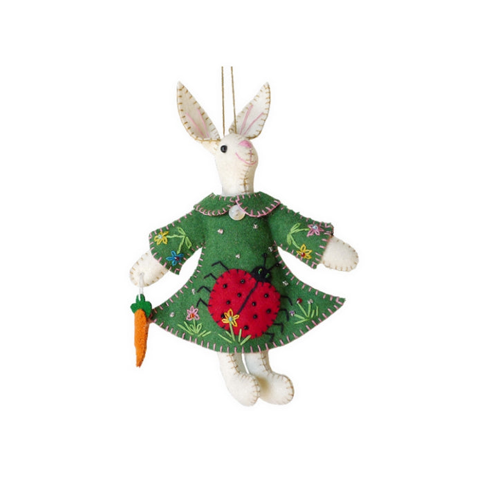 White Bunny with Green Dress Felt Bauble