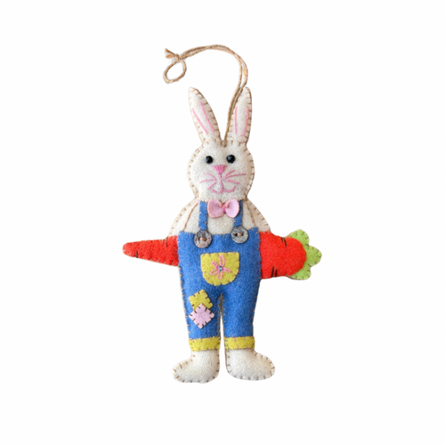 White Bunny with Overalls Felt Bauble