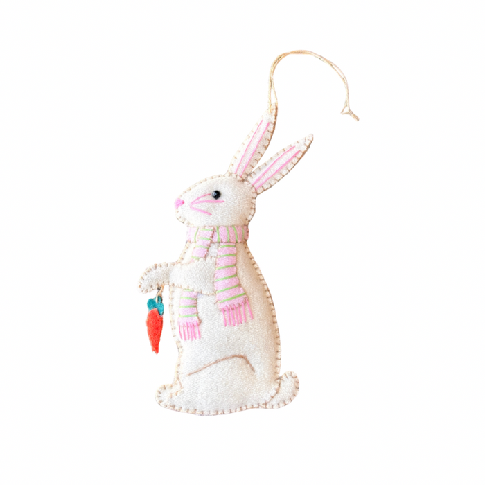 White Bunny with Pink Scarf Felt Bauble