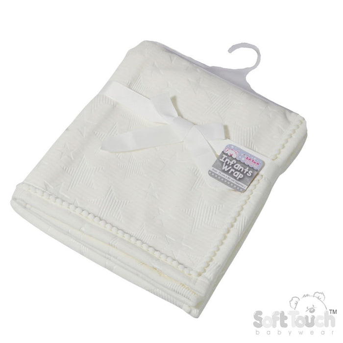 White Star Embossed Mink Wrap W/Pom Pom Trim FBP230-W