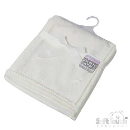 White Star Embossed Mink Wrap W/Pom Pom Trim FBP230-W