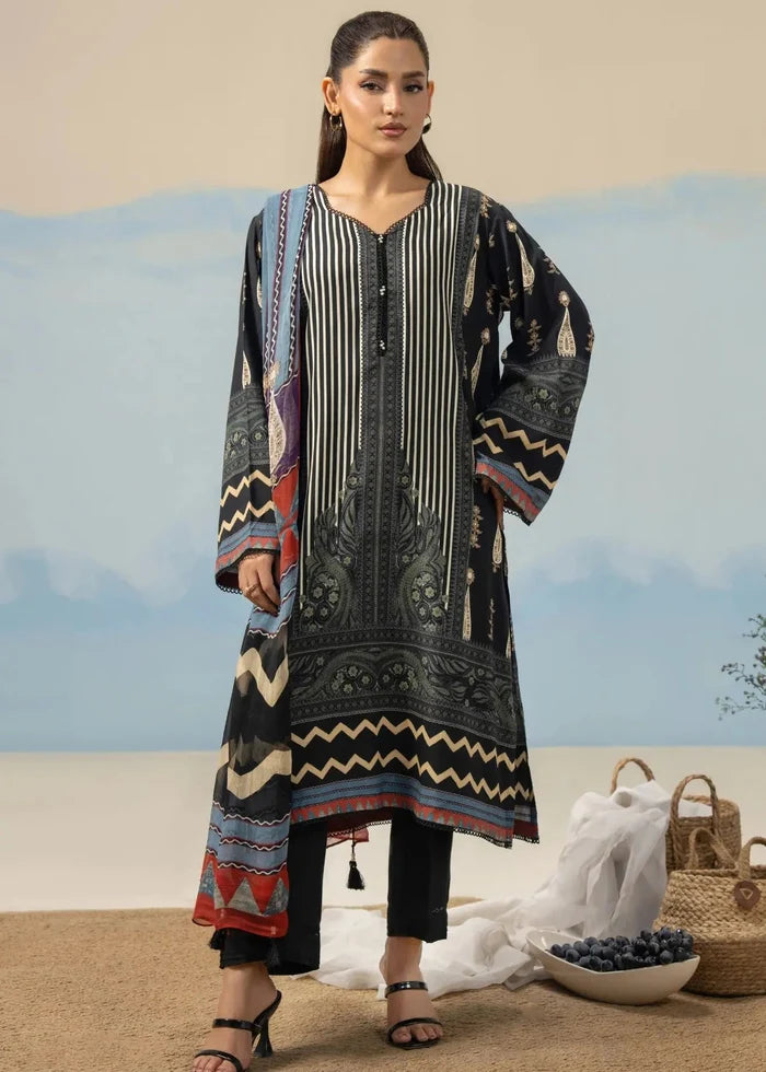 Women's printed 3-piece suit: black long tunic, vertical stripes, printed dupatta