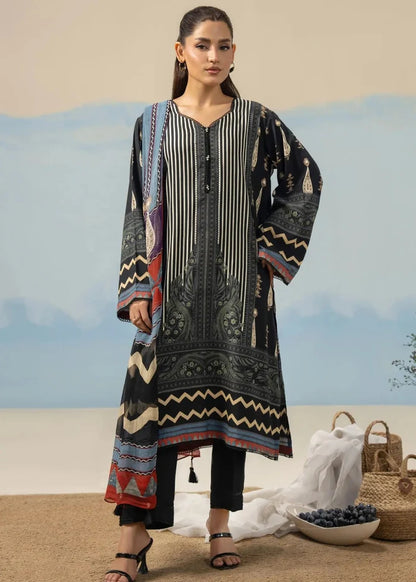 Women's printed 3-piece suit: black long tunic, vertical stripes, printed dupatta