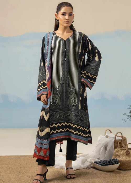 Women's printed 3-piece suit: black long tunic, vertical stripes, printed dupatta