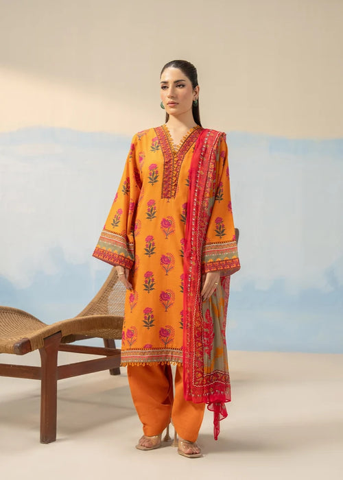 Women's winter 3-piece printed suit with orange kurta, pink floral embroidery and dupatta