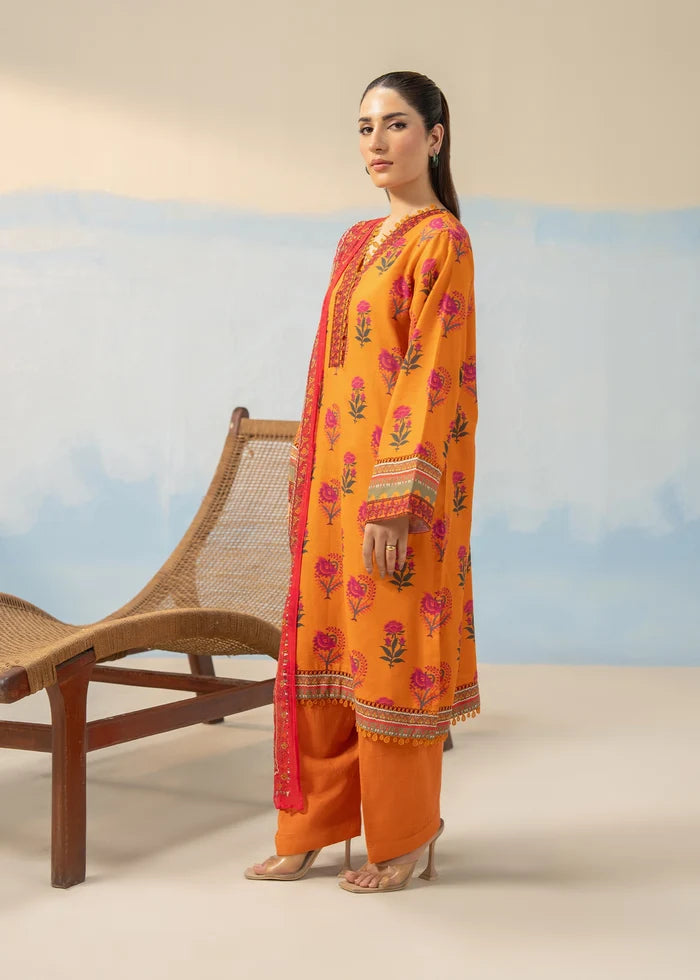Women's winter 3-piece printed suit, orange kurta set with pink floral print and border