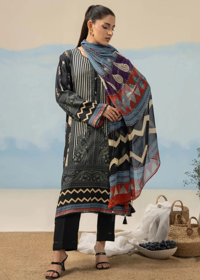 Women's printed 3-piece suit: black tunic with striped panel and patterned dupatta drape