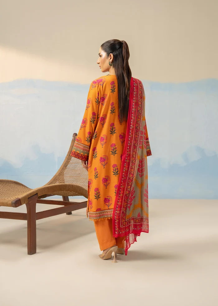 Women's winter 3-piece printed suit, orange kurta with pink floral print and matching dupatta