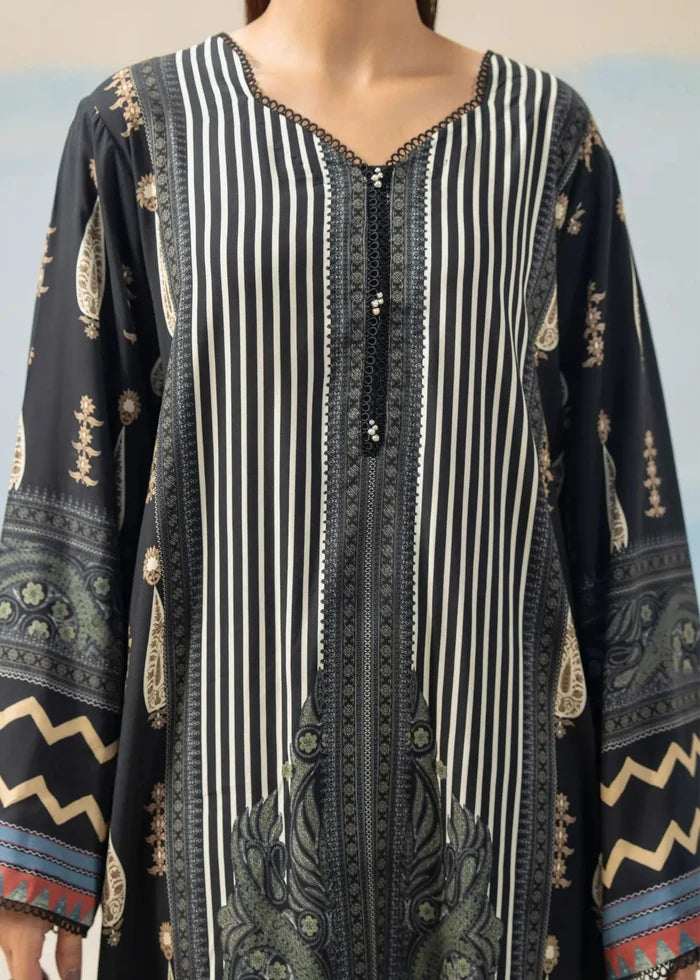 Women's printed 3-piece suit tunic front: black with vertical stripes, button placket