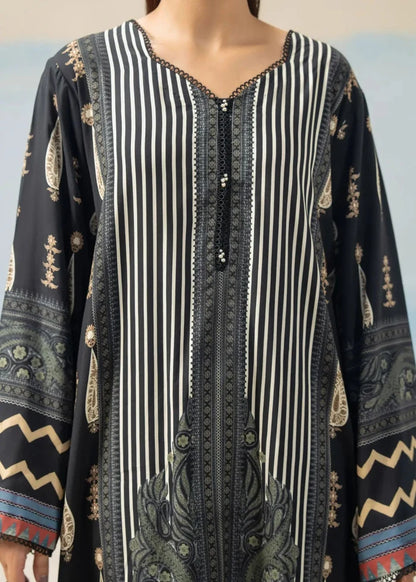 Women's printed 3-piece suit tunic front: black with vertical stripes, button placket