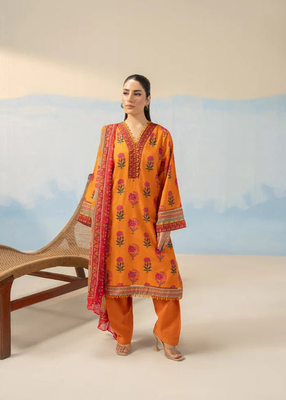 Women's winter 3-piece printed suit, orange long tunic with pink floral motifs and pants