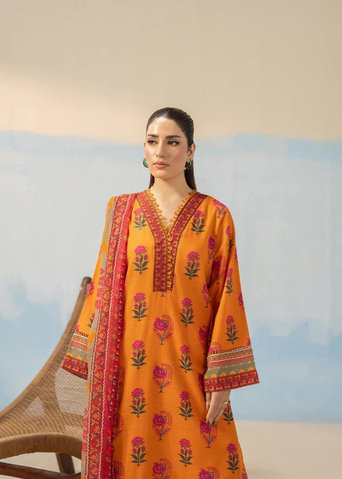 Women's winter 3-piece suit top, orange kurta with pink floral print and V-neck trim